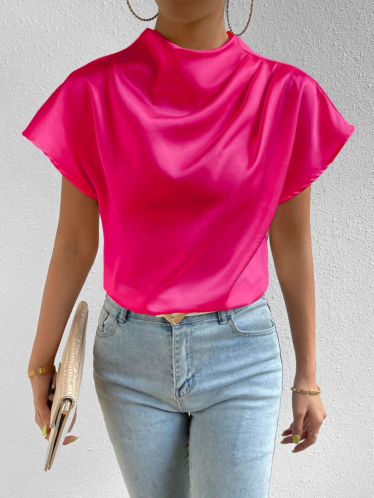 Ruched Mock Neck Satin Short Sleeves Blouse