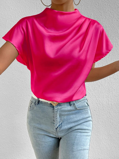 Ruched Mock Neck Satin Short Sleeves Blouse
