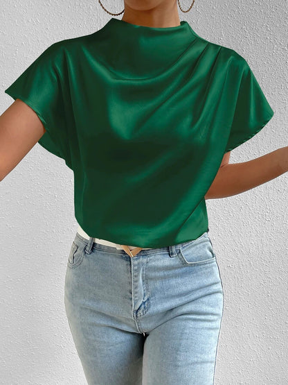 Ruched Mock Neck Satin Short Sleeves Blouse
