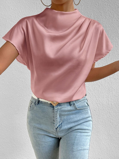 Ruched Mock Neck Satin Short Sleeves Blouse