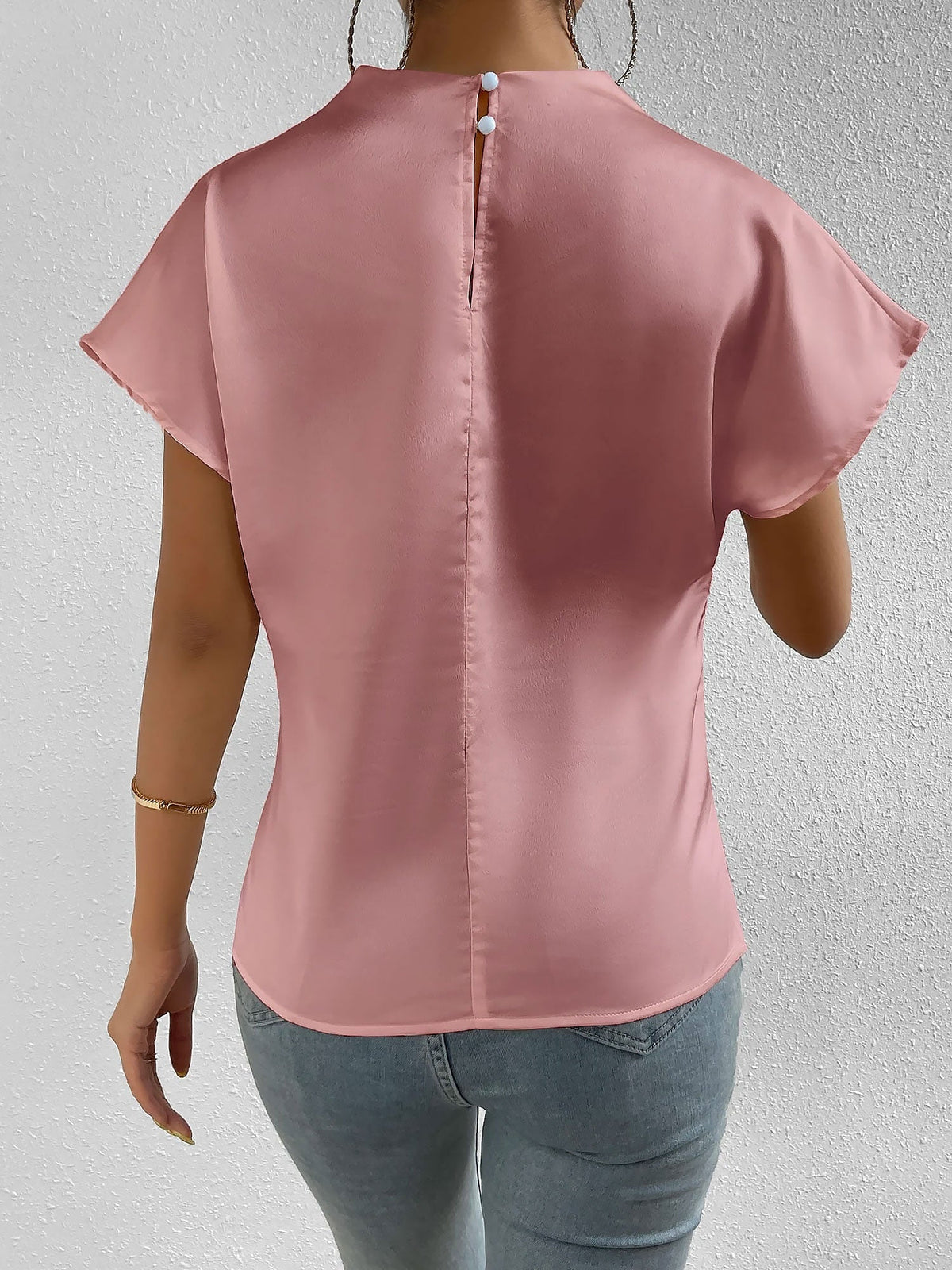 Ruched Mock Neck Satin Short Sleeves Blouse