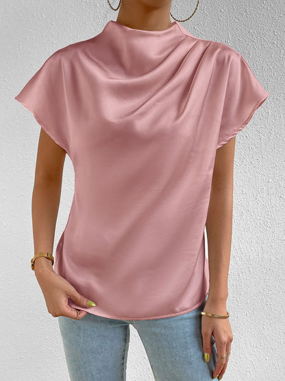 Ruched Mock Neck Satin Short Sleeves Blouse