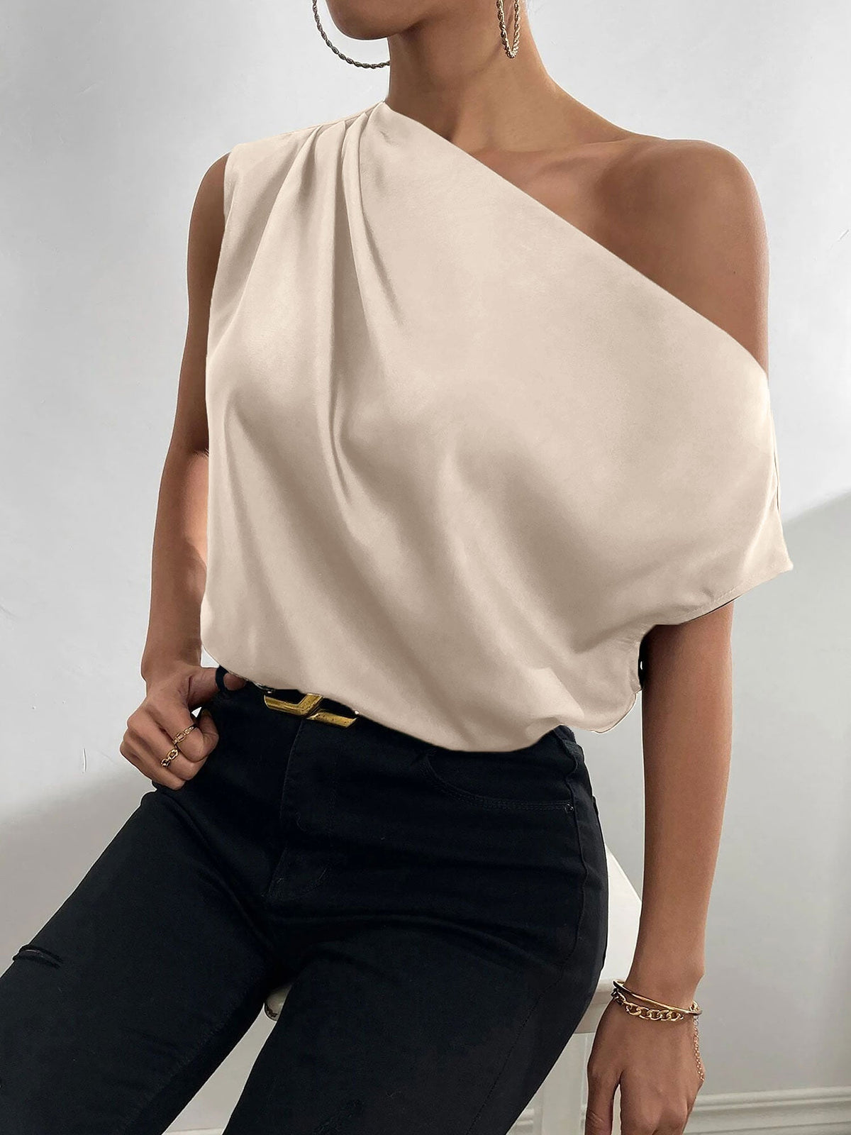 One Shoulder Ruched Asymmetrical Neck Satin Blouse