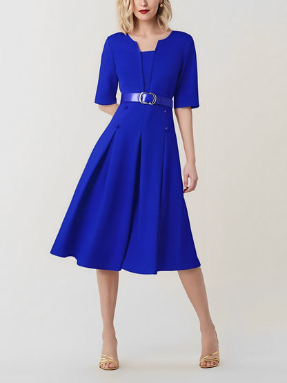 Solid Color 3/4 Sleeves Belted Pleated Midi Dress