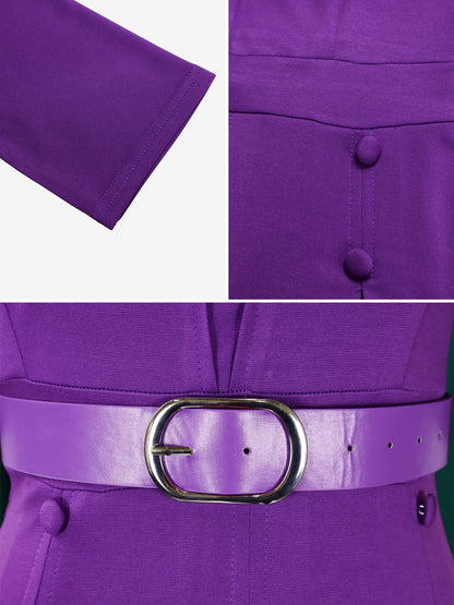 Solid Color 3/4 Sleeves Belted Pleated Midi Dress