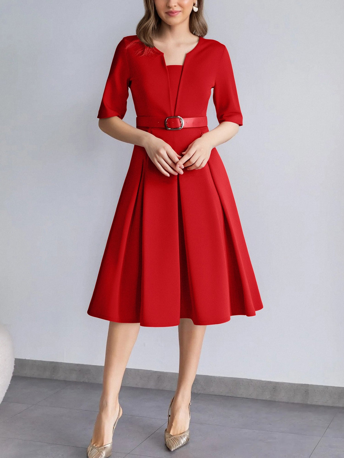 Solid Color 3/4 Sleeves Belted Pleated Midi Dress