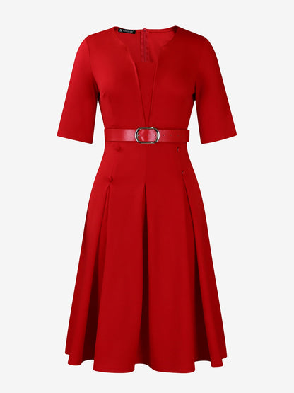 Solid Color 3/4 Sleeves Belted Pleated Midi Dress