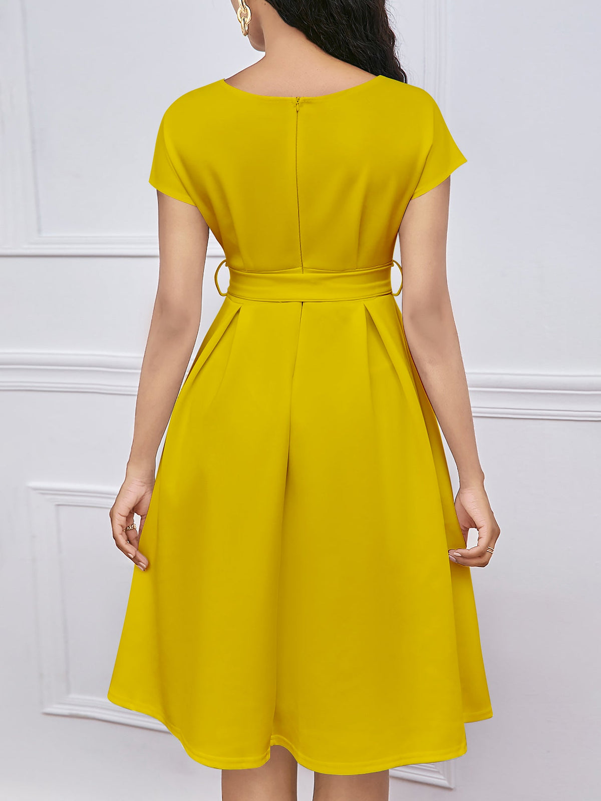 V Neck Solid Color Short Sleeve Tie Waist Dress