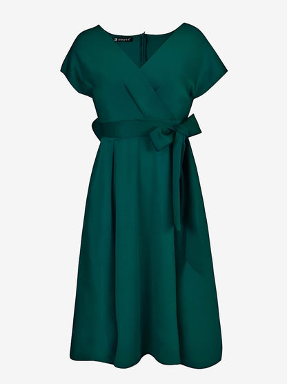 V Neck Solid Color Short Sleeve Tie Waist Dress