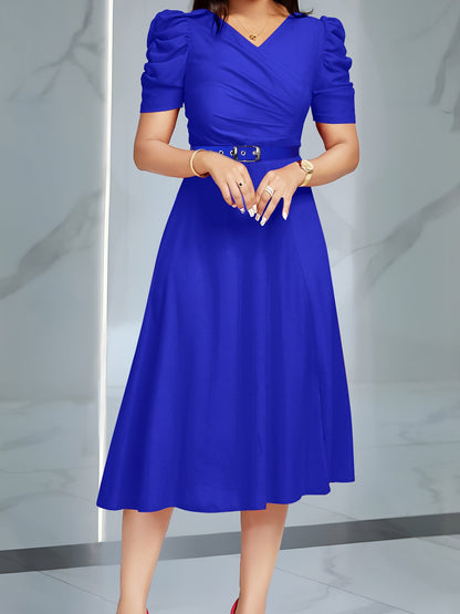 Solid Color Puff Sleeves Ruched Belted Midi Dress