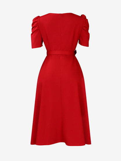 Solid Color Puff Sleeves Ruched Belted Midi Dress