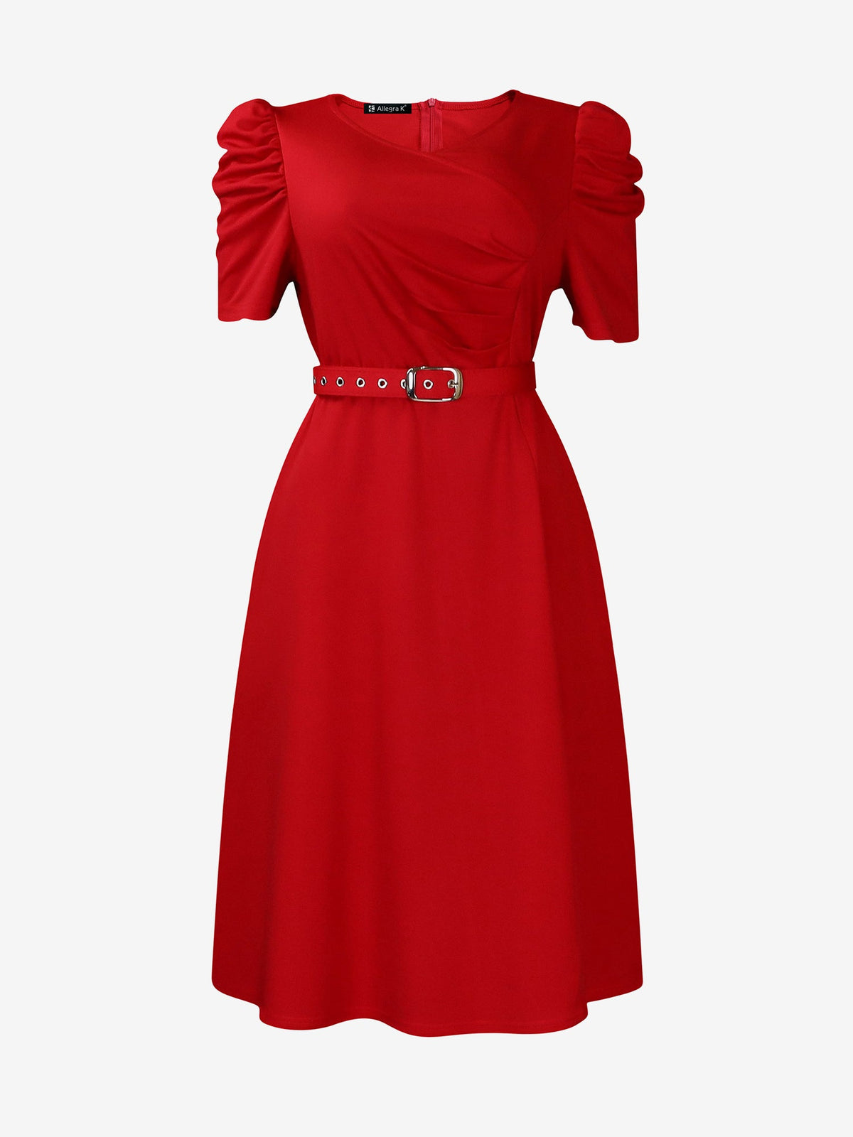 Solid Color Puff Sleeves Ruched Belted Midi Dress