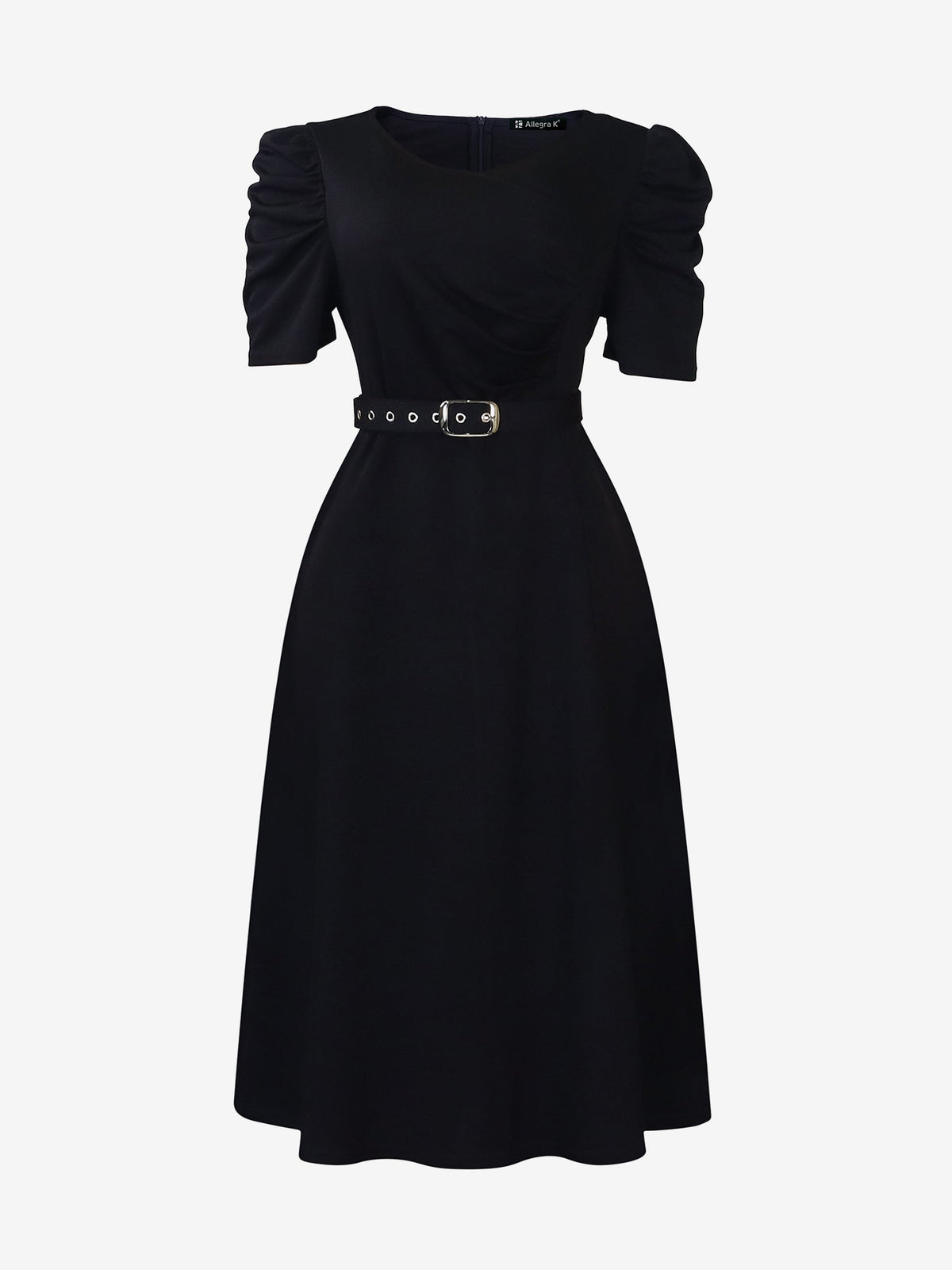 Solid Color Puff Sleeves Ruched Belted Midi Dress