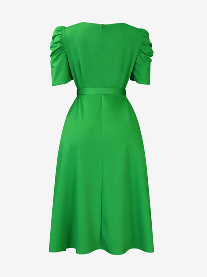Solid Color Puff Sleeves Ruched Belted Midi Dress