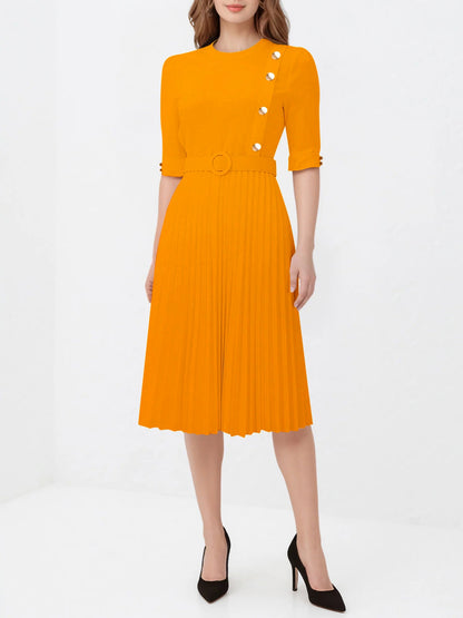 Solid Color Pleated Button Decor Belted Dress