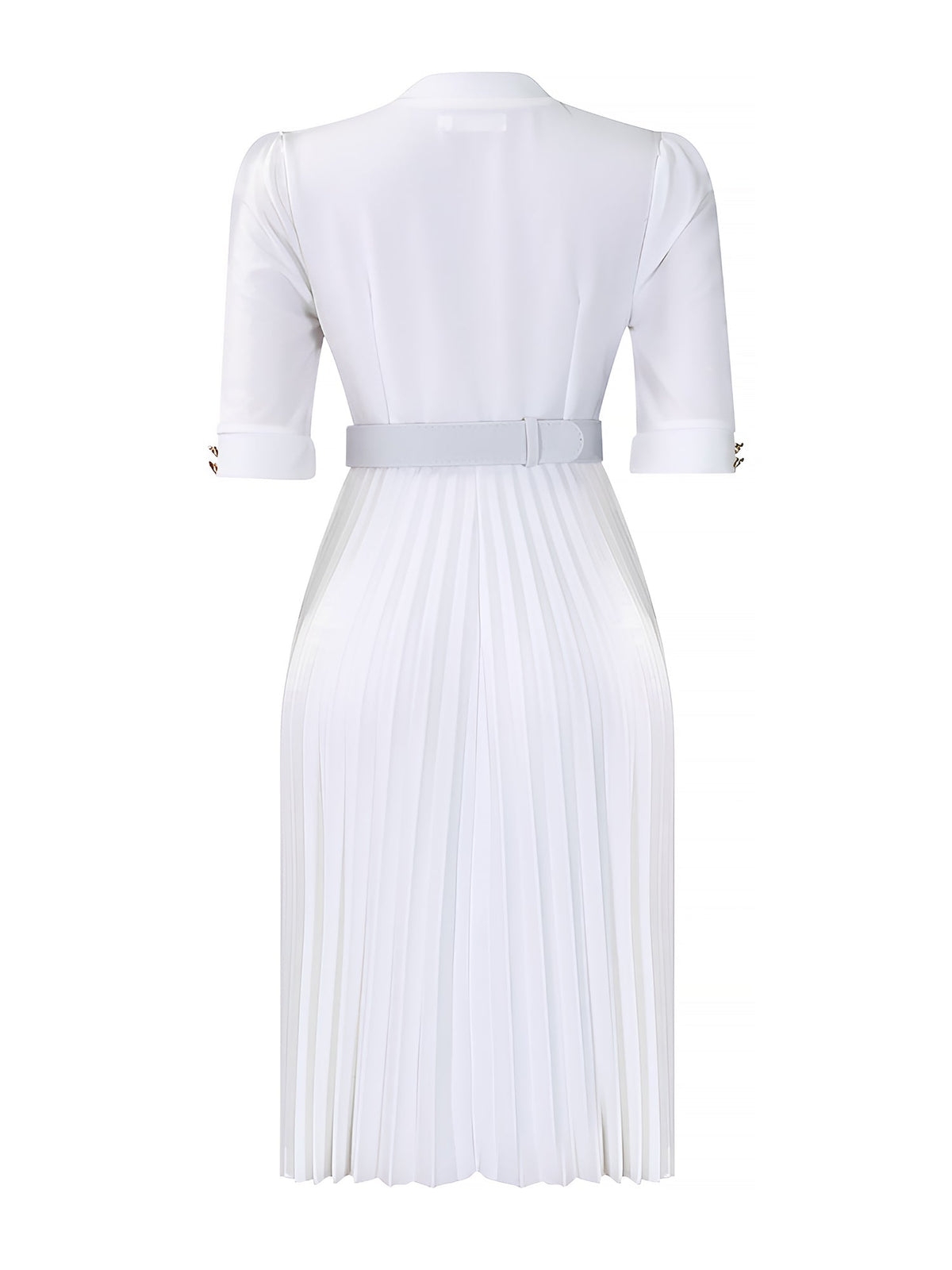 Solid Color Pleated Button Decor Belted Dress