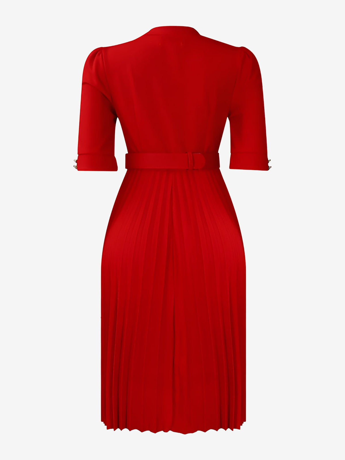 Solid Color Pleated Button Decor Belted Dress