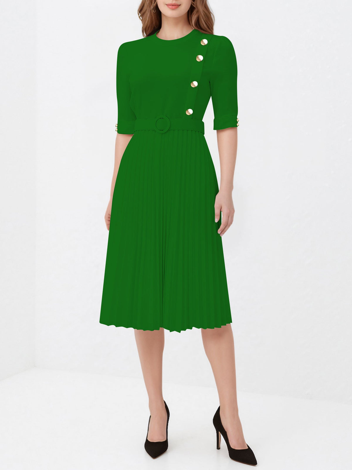 Solid Color Pleated Button Decor Belted Dress