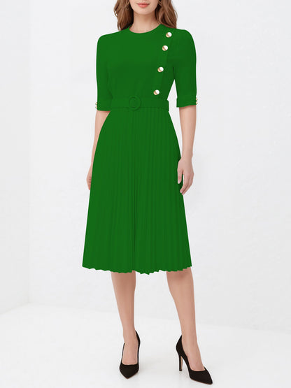 Solid Color Pleated Button Decor Belted Dress