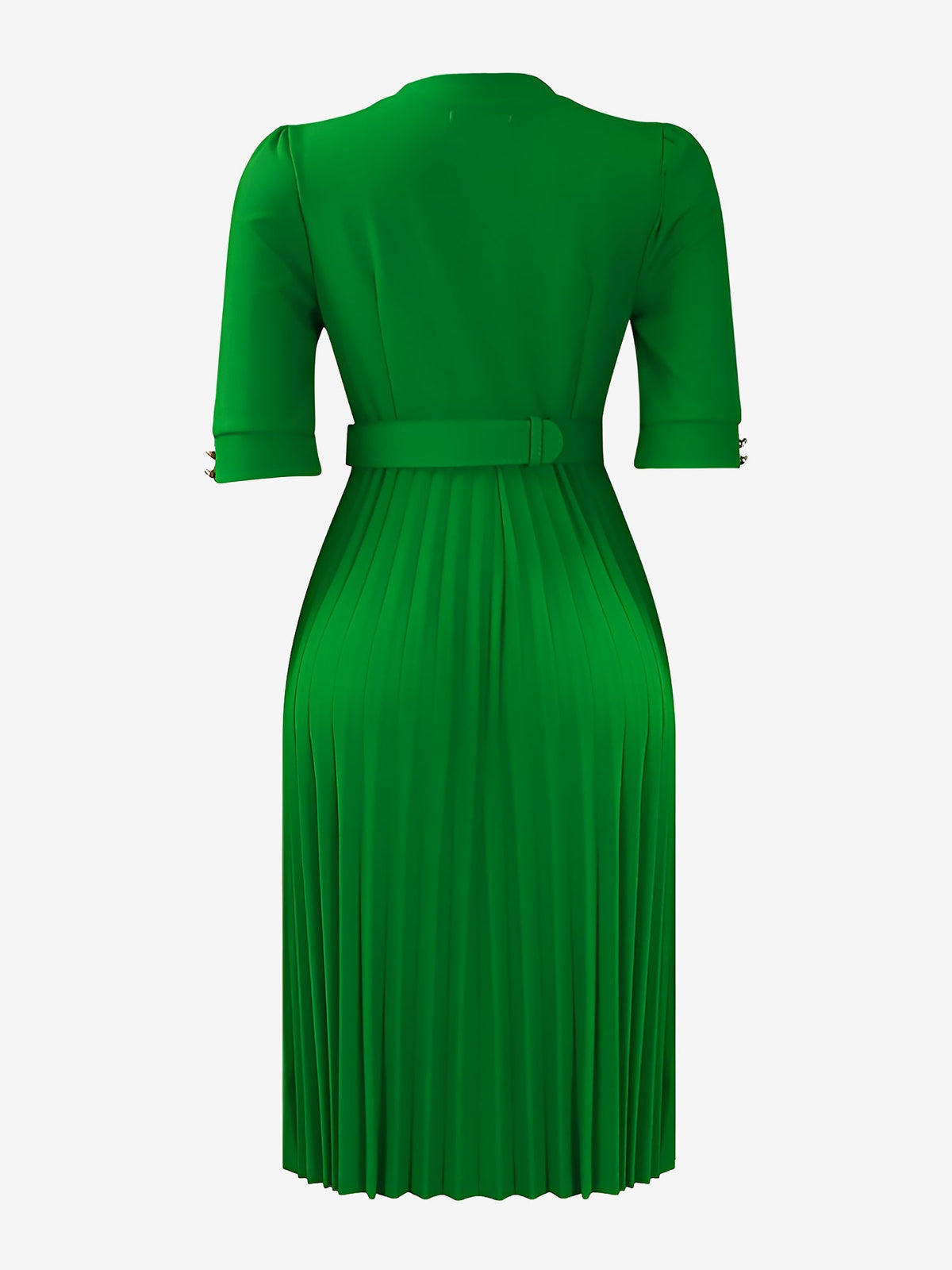 Solid Color Pleated Button Decor Belted Dress
