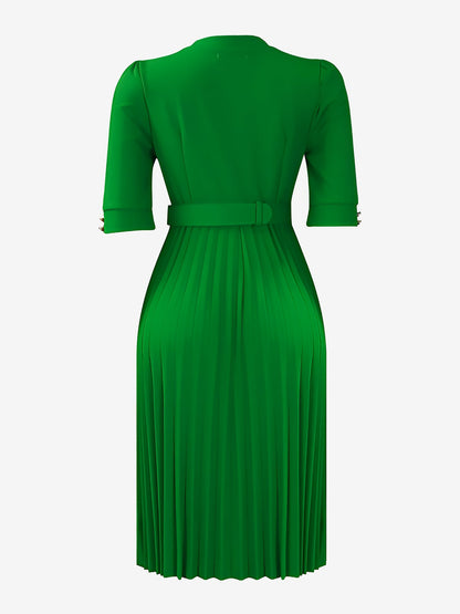 Solid Color Pleated Button Decor Belted Dress