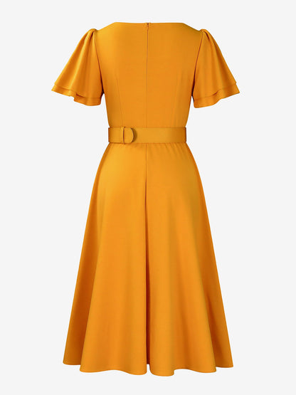 Square Neck Flower Ruffled Sleeves Belted Dress