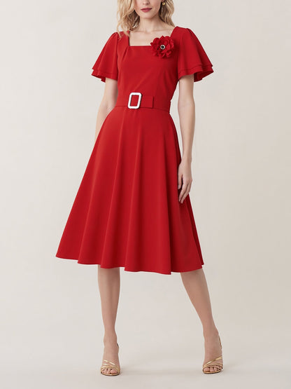 Square Neck Flower Ruffled Sleeves Belted Dress