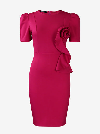 Solid Color Puff Sleeves Midi Sheath Dress