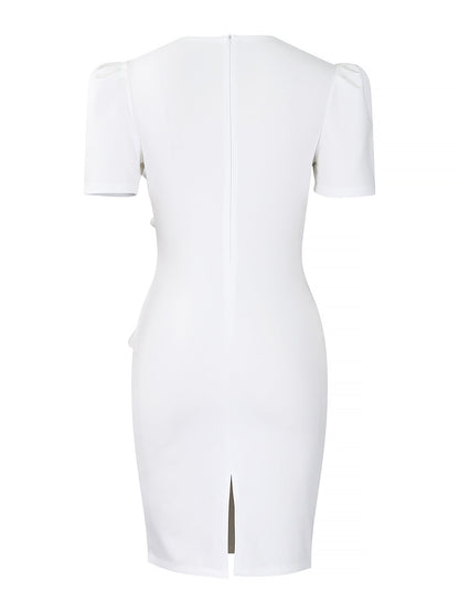 Solid Color Puff Sleeves Midi Sheath Dress