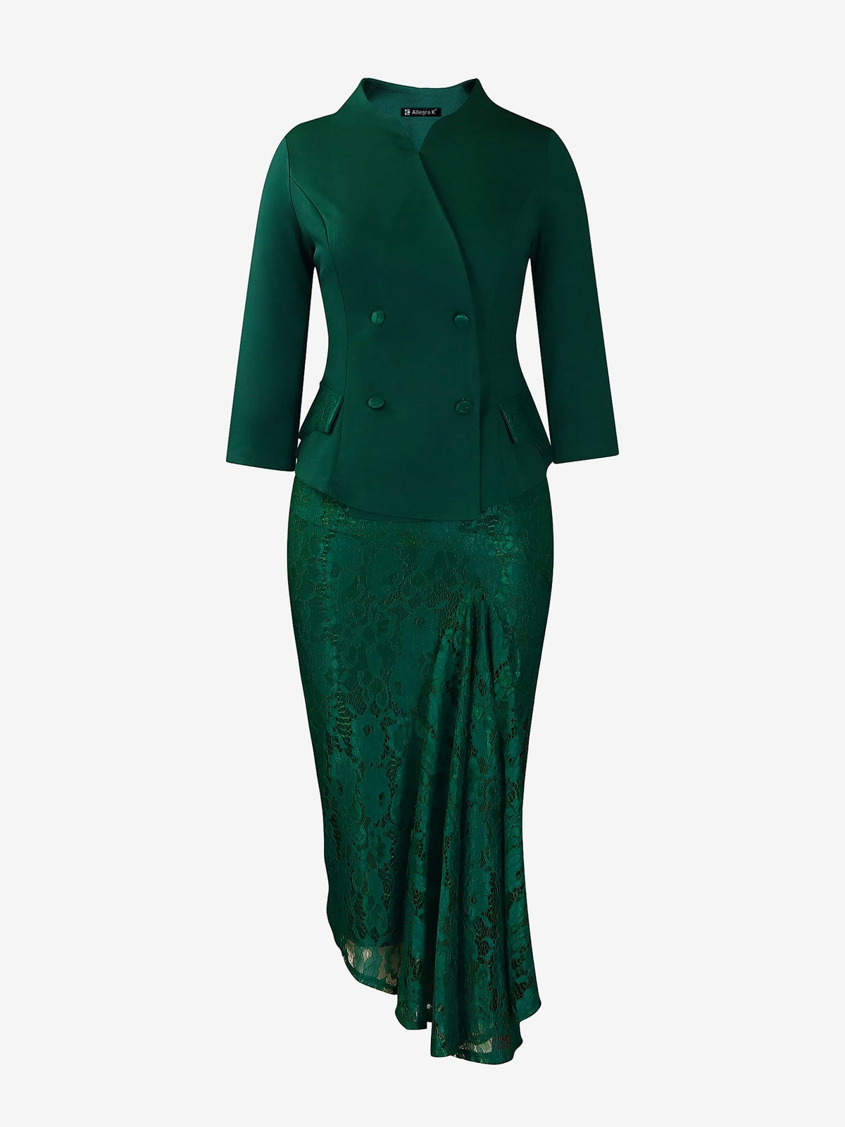 2 Pieces 3/4 Sleeves Blazer & Lace Ruffled Midi Pencil Skirt Set