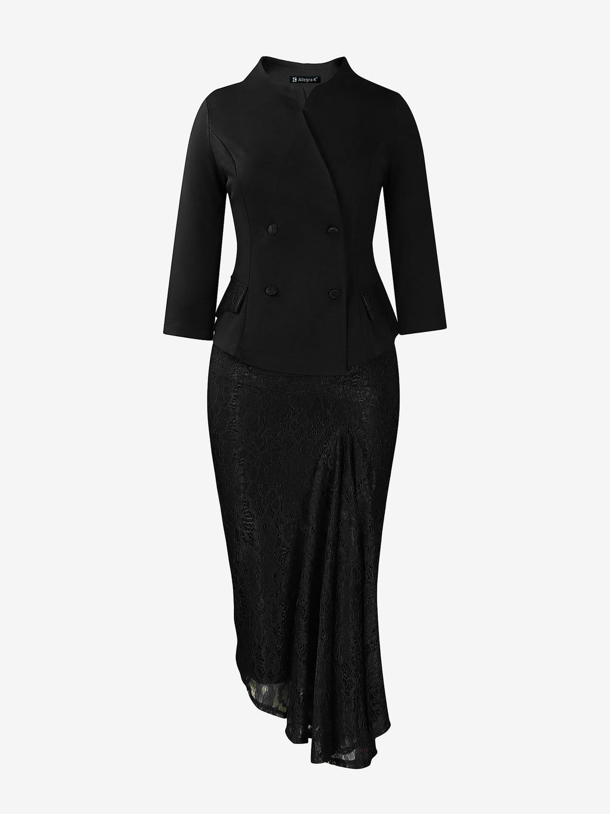 2 Pieces 3/4 Sleeves Blazer & Lace Ruffled Midi Pencil Skirt Set