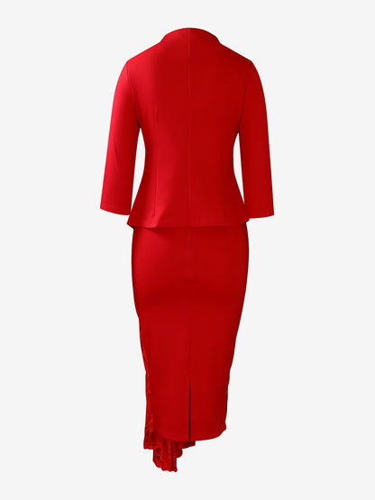 2 Pieces 3/4 Sleeves Blazer & Lace Ruffled Midi Pencil Skirt Set