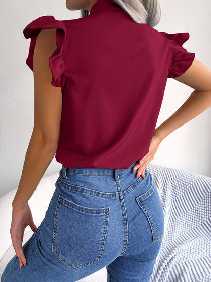 Ruffled Cap Sleeves Lace-Up Bow Casual Blouse