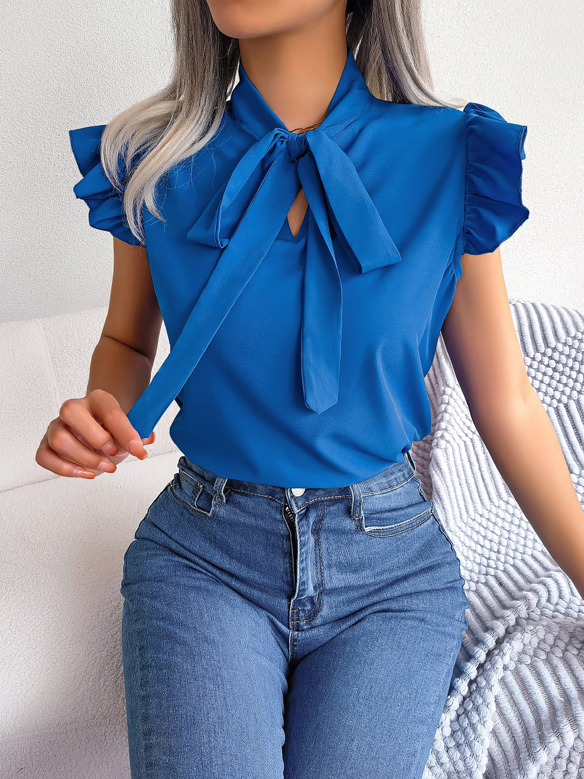 Ruffled Cap Sleeves Lace-Up Bow Casual Blouse