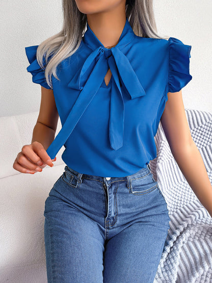 Ruffled Cap Sleeves Lace-Up Bow Casual Blouse