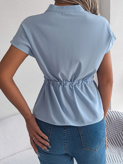 Button Down Drawstring Short Sleeve Blouse