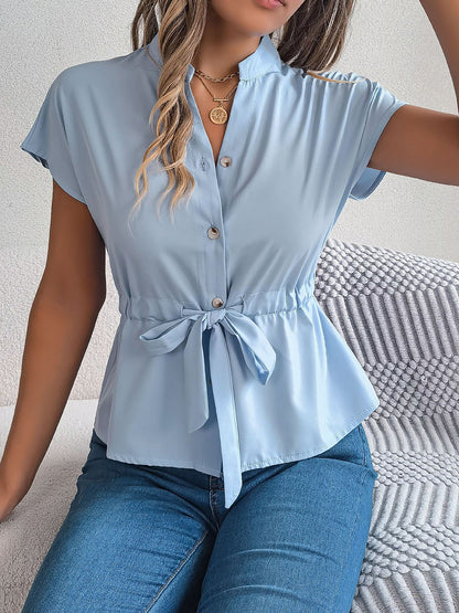 Button Down Drawstring Short Sleeve Blouse