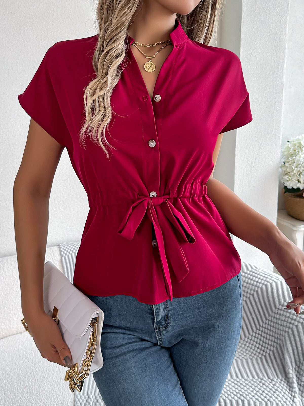 Button Down Drawstring Short Sleeve Blouse