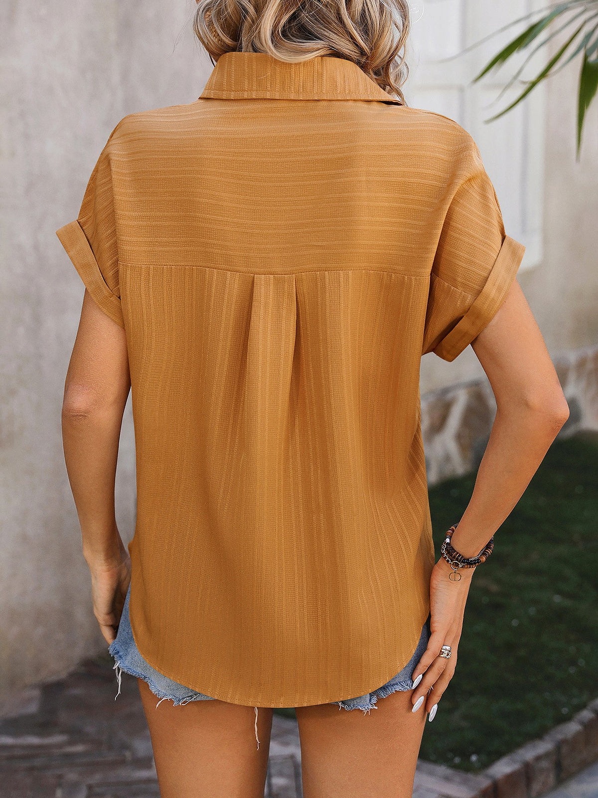 Drop Shoulder Short Sleeve Textured Casual Blouse