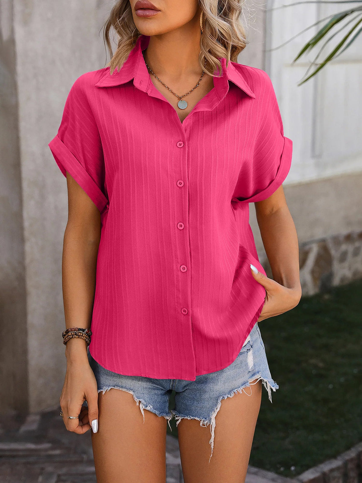 Drop Shoulder Short Sleeve Textured Casual Blouse
