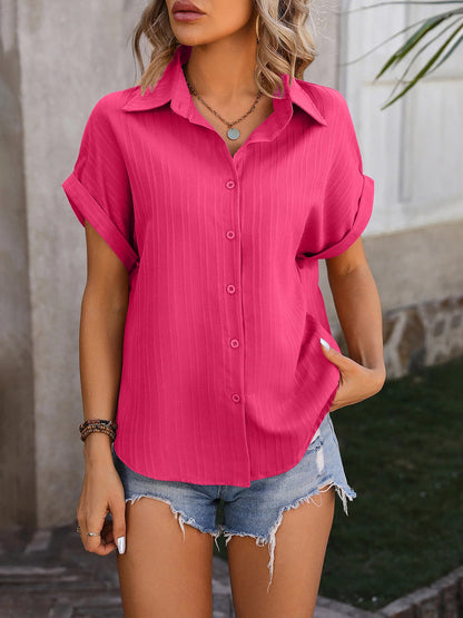 Drop Shoulder Short Sleeve Textured Casual Blouse