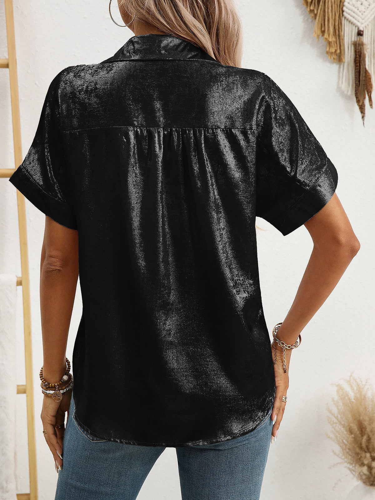 Notched Lapel Metallic Button Down Shirt