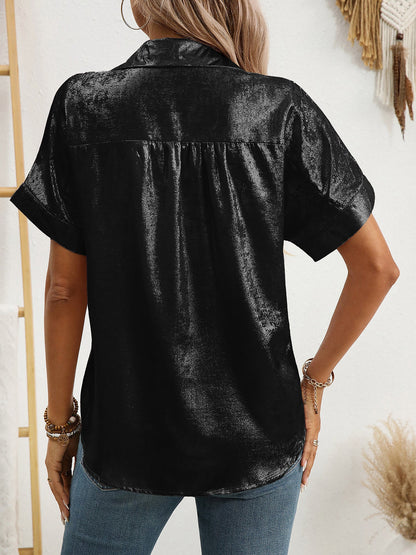 Notched Lapel Metallic Button Down Shirt