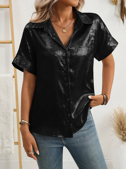 Notched Lapel Metallic Button Down Shirt