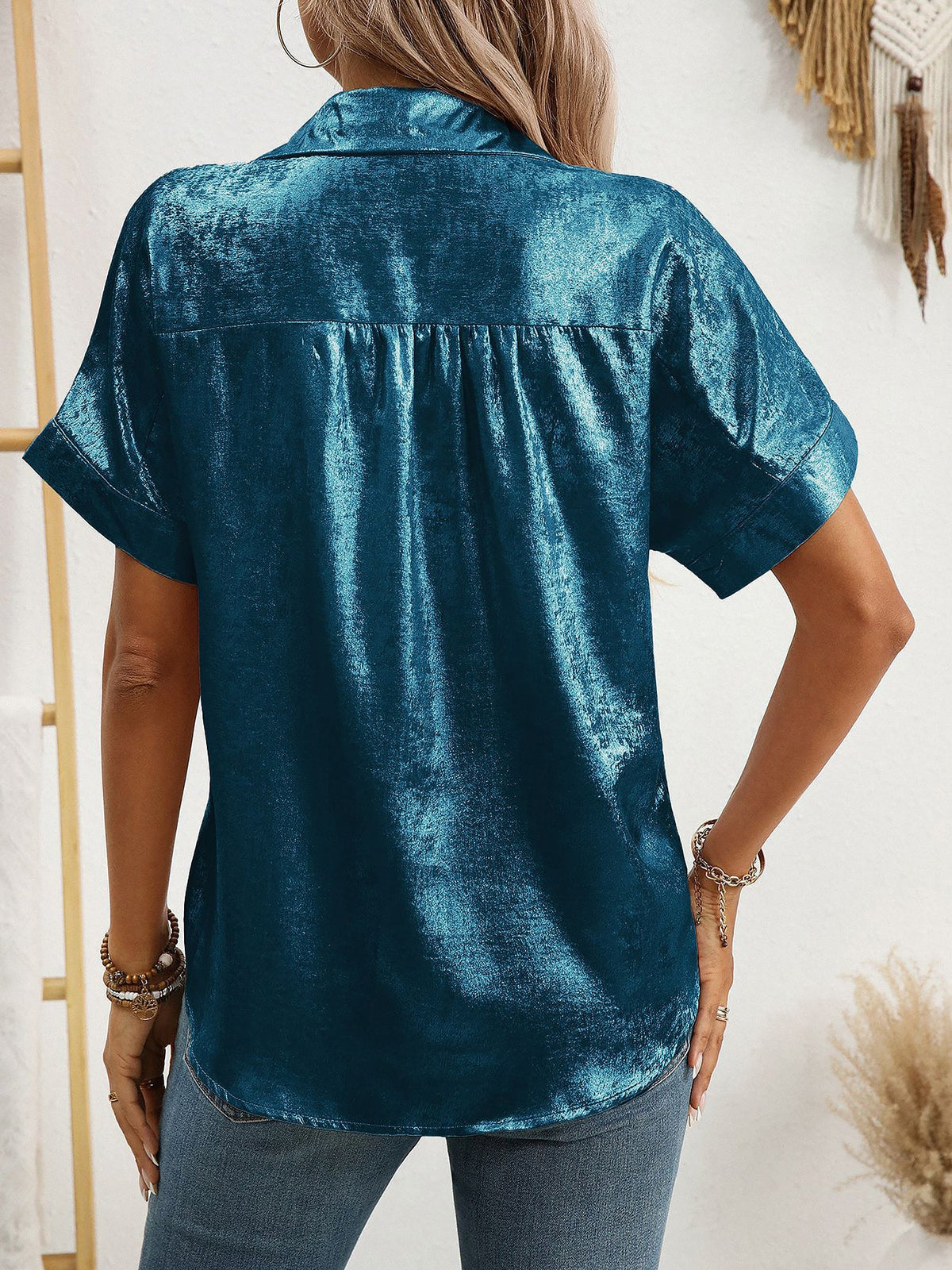 Notched Lapel Metallic Button Down Shirt