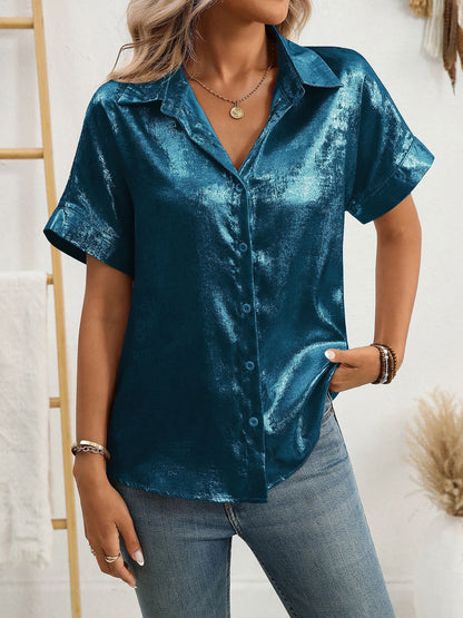 Notched Lapel Metallic Button Down Shirt