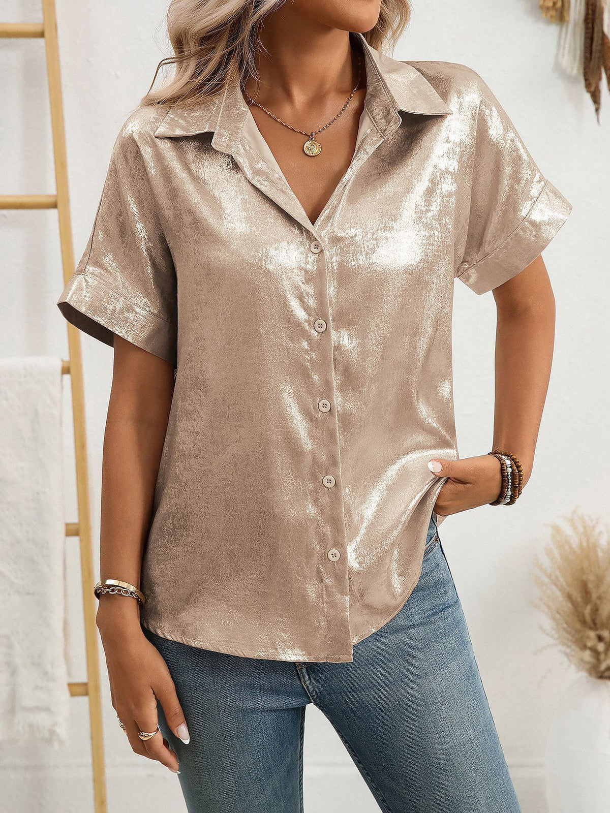 Notched Lapel Metallic Button Down Shirt