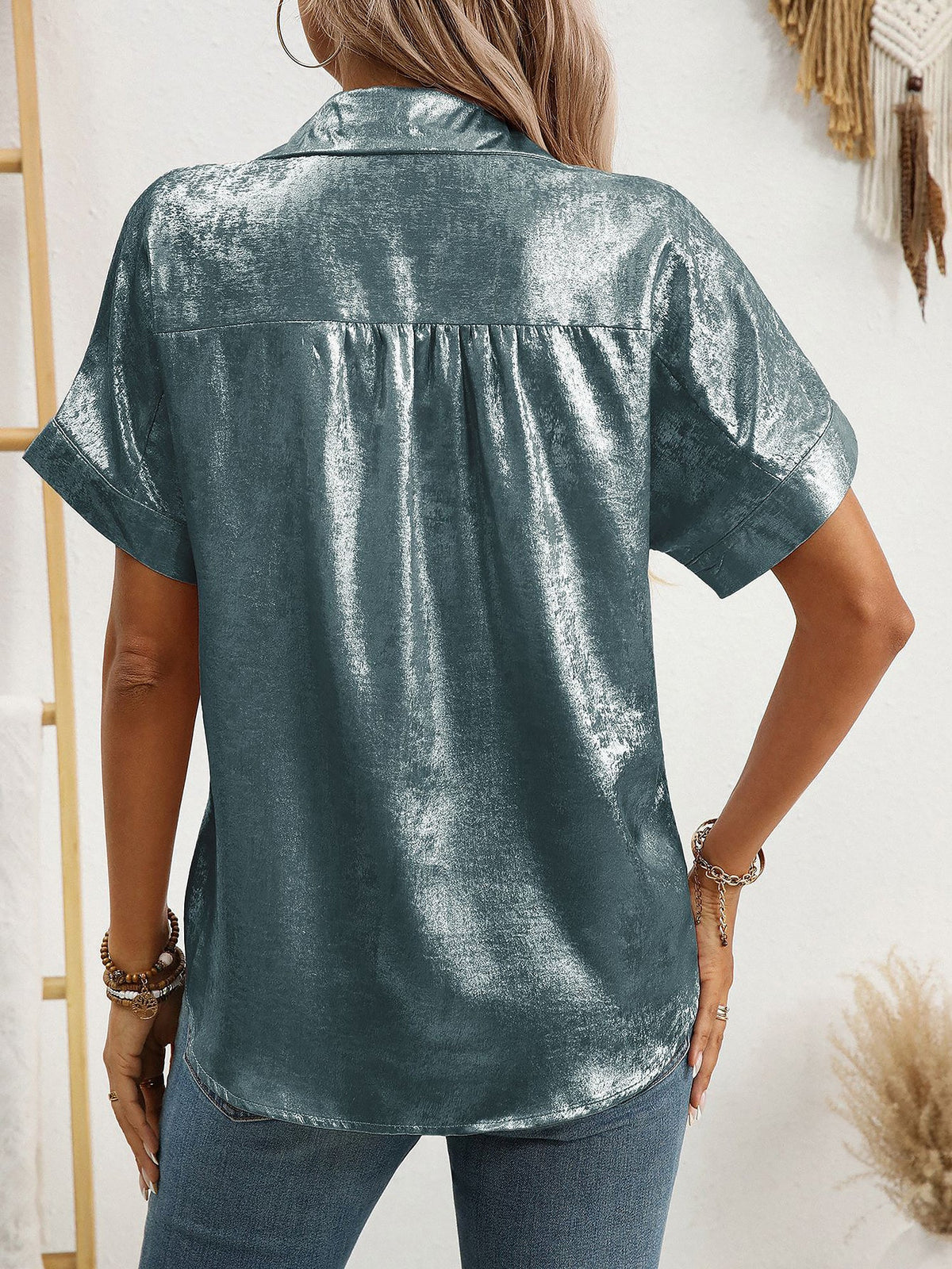 Notched Lapel Metallic Button Down Shirt