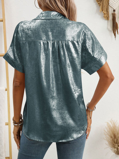 Notched Lapel Metallic Button Down Shirt
