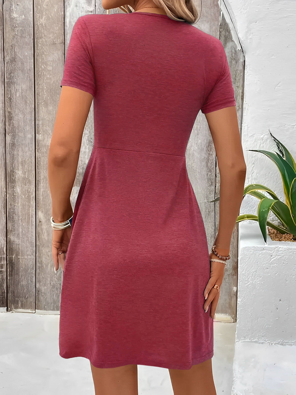 V Neck Short Sleeves Ruched Casual Mini Dress